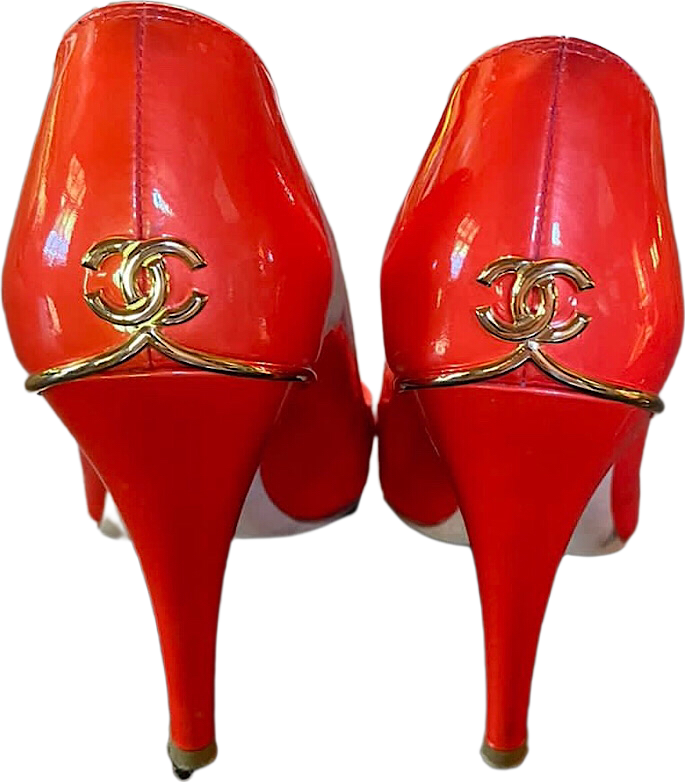 Chanel 08C, 2008 Cruise Patent Leather Orange Peep Toe Pump Heels EU 35.5 US 4.5/5