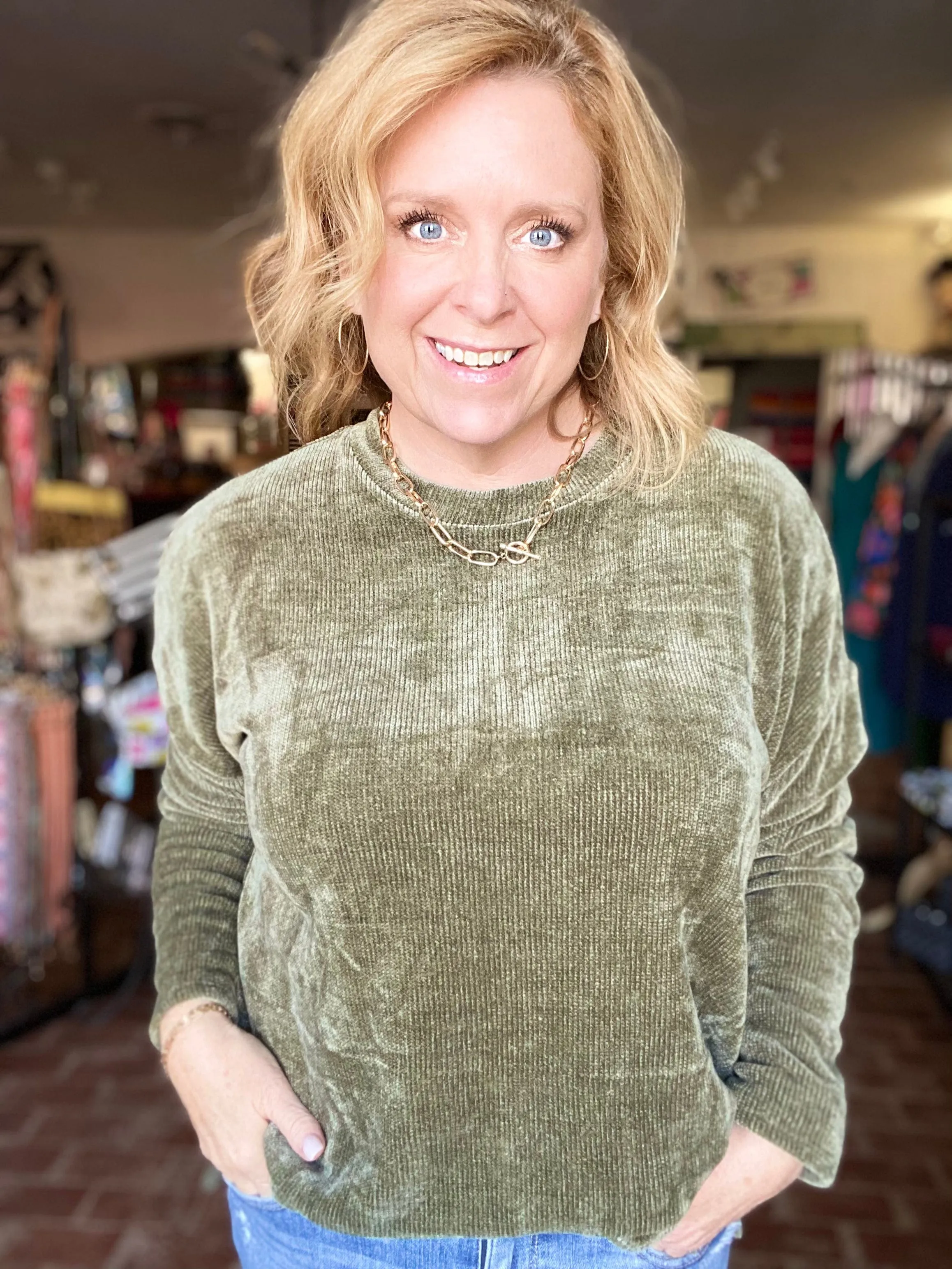 Cheri Cozy Chenille Sweatshirt-Olive