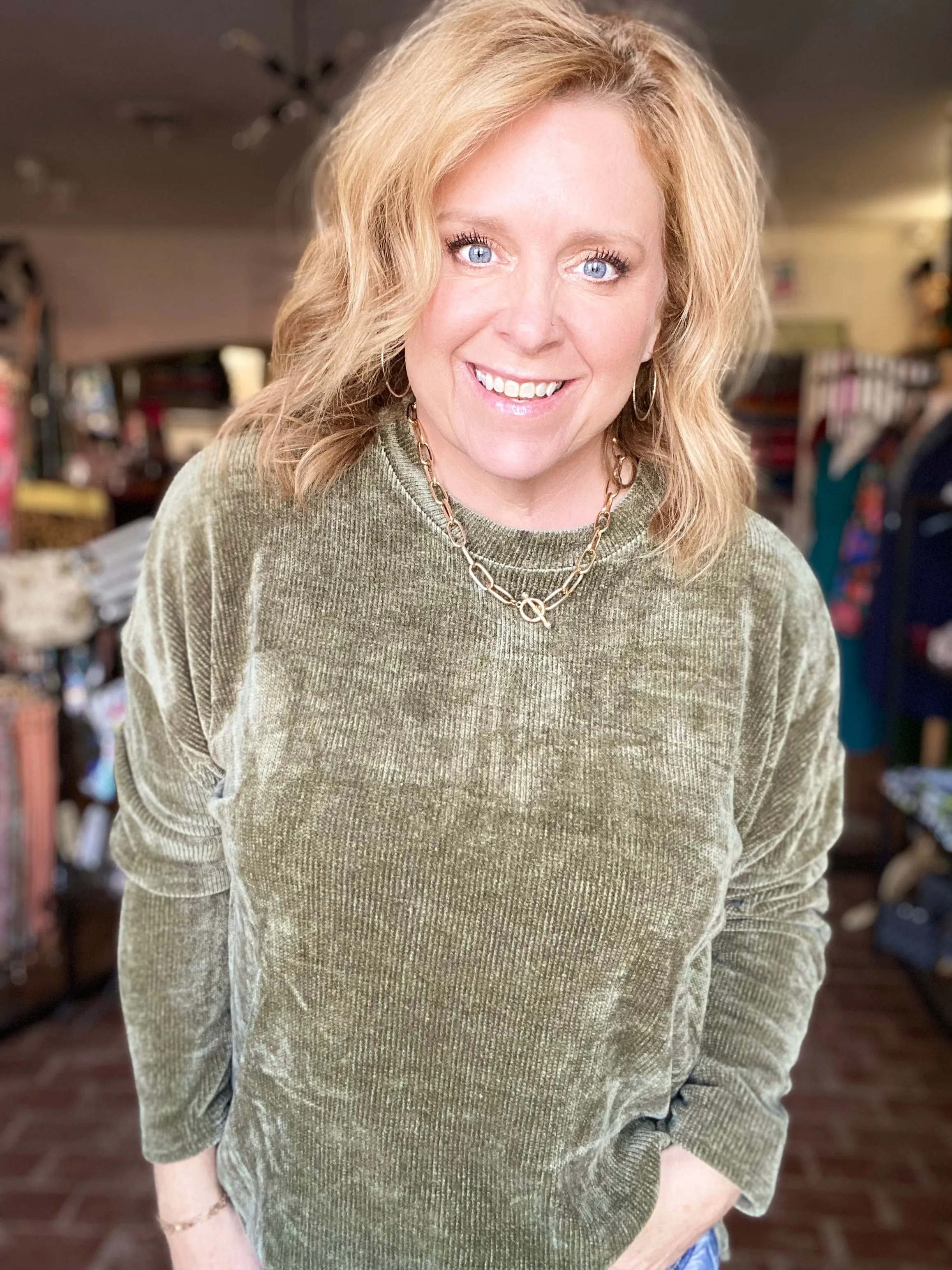 Cheri Cozy Chenille Sweatshirt-Olive