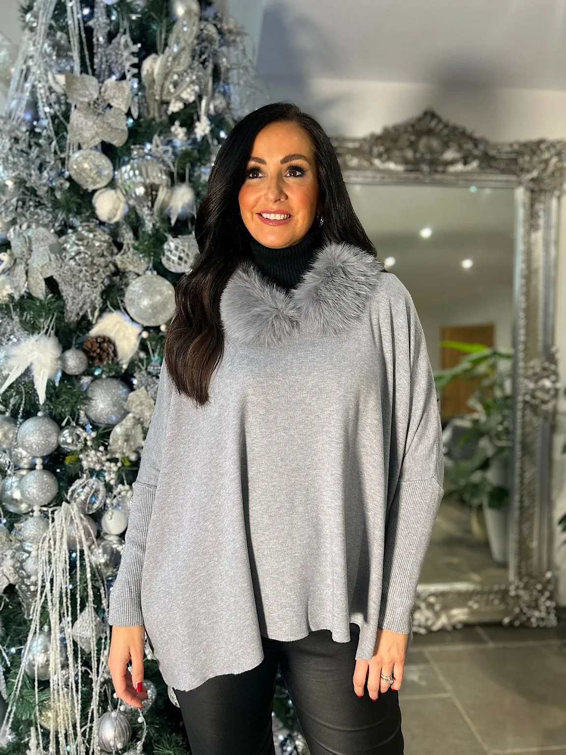 Grey Faux Fur Collar Jumper Mya