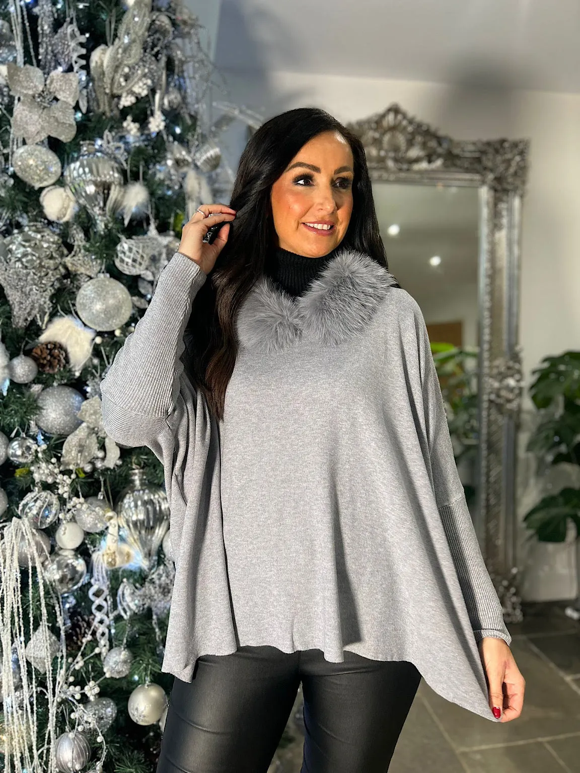 Grey Faux Fur Collar Jumper Mya