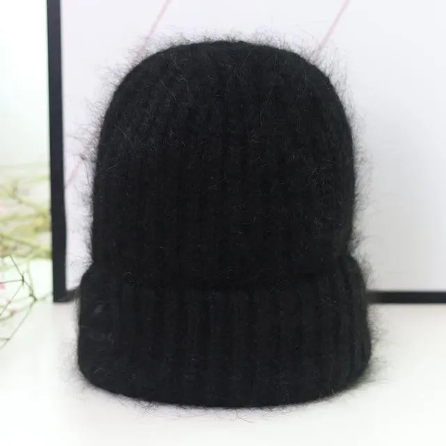 Ladies Wool Winter Joker Thick Warm Solid Color Fine Lines Rabbit Fur Cap