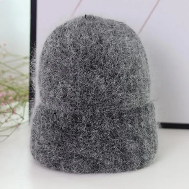 Ladies Wool Winter Joker Thick Warm Solid Color Fine Lines Rabbit Fur Cap