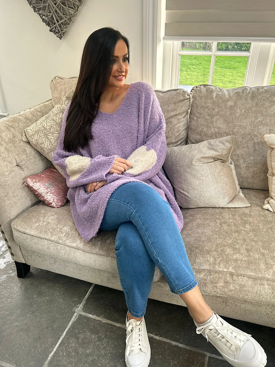 Lilac Premium Popcorn Heart Knit Jumper Julie