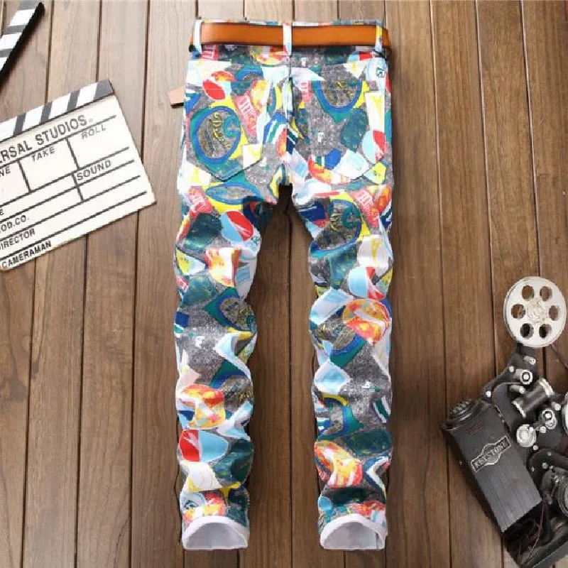 Men's Winter 3D Digital Print Streetwear Elastic Versatile Skinny Jeans Pants