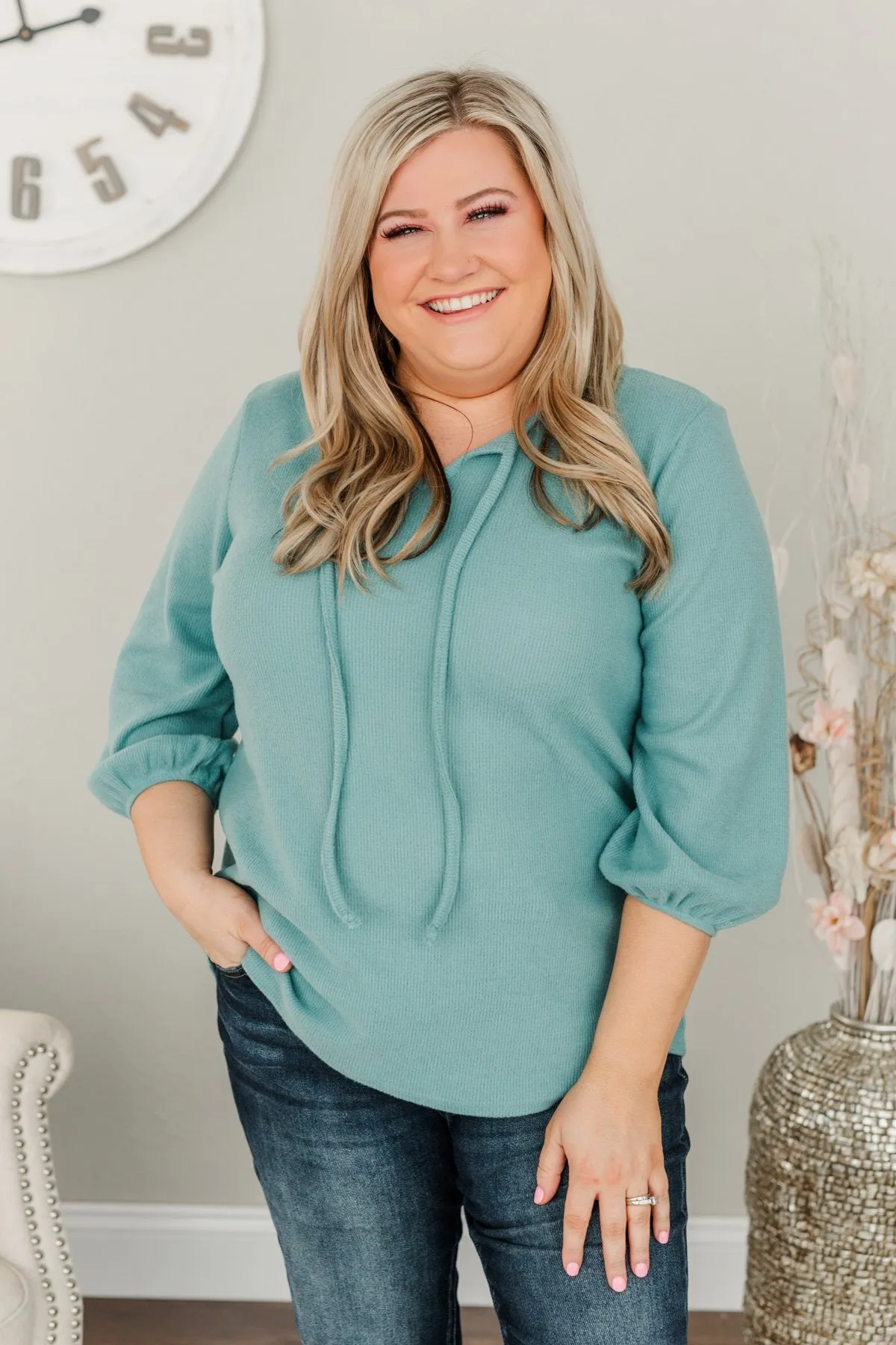 Reaching For Love Thermal Knit Top- Teal