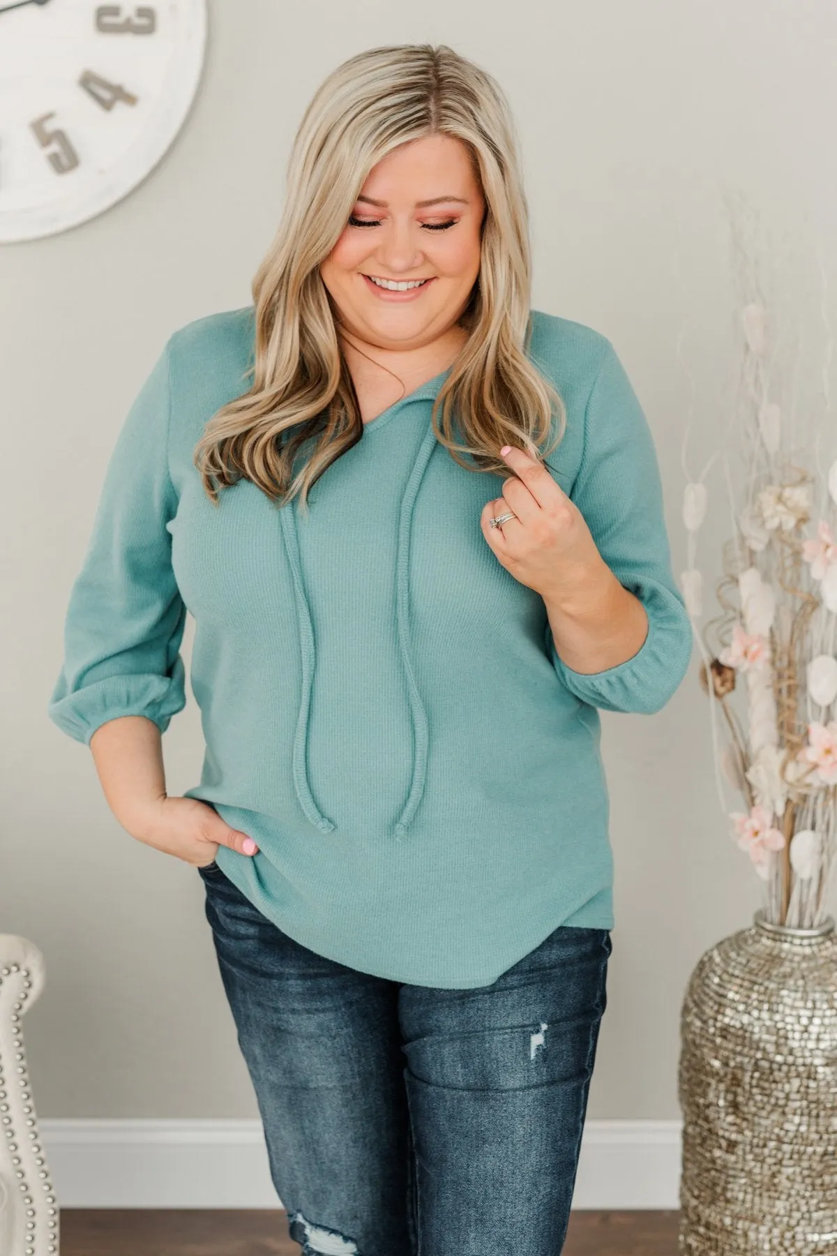 Reaching For Love Thermal Knit Top- Teal