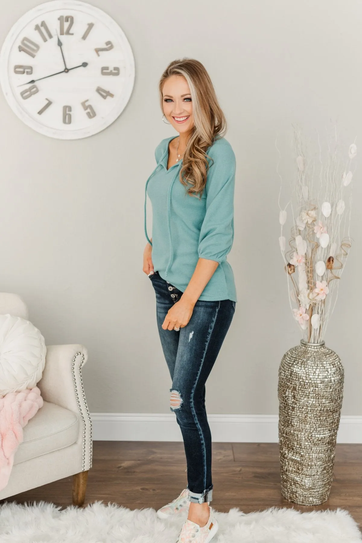 Reaching For Love Thermal Knit Top- Teal