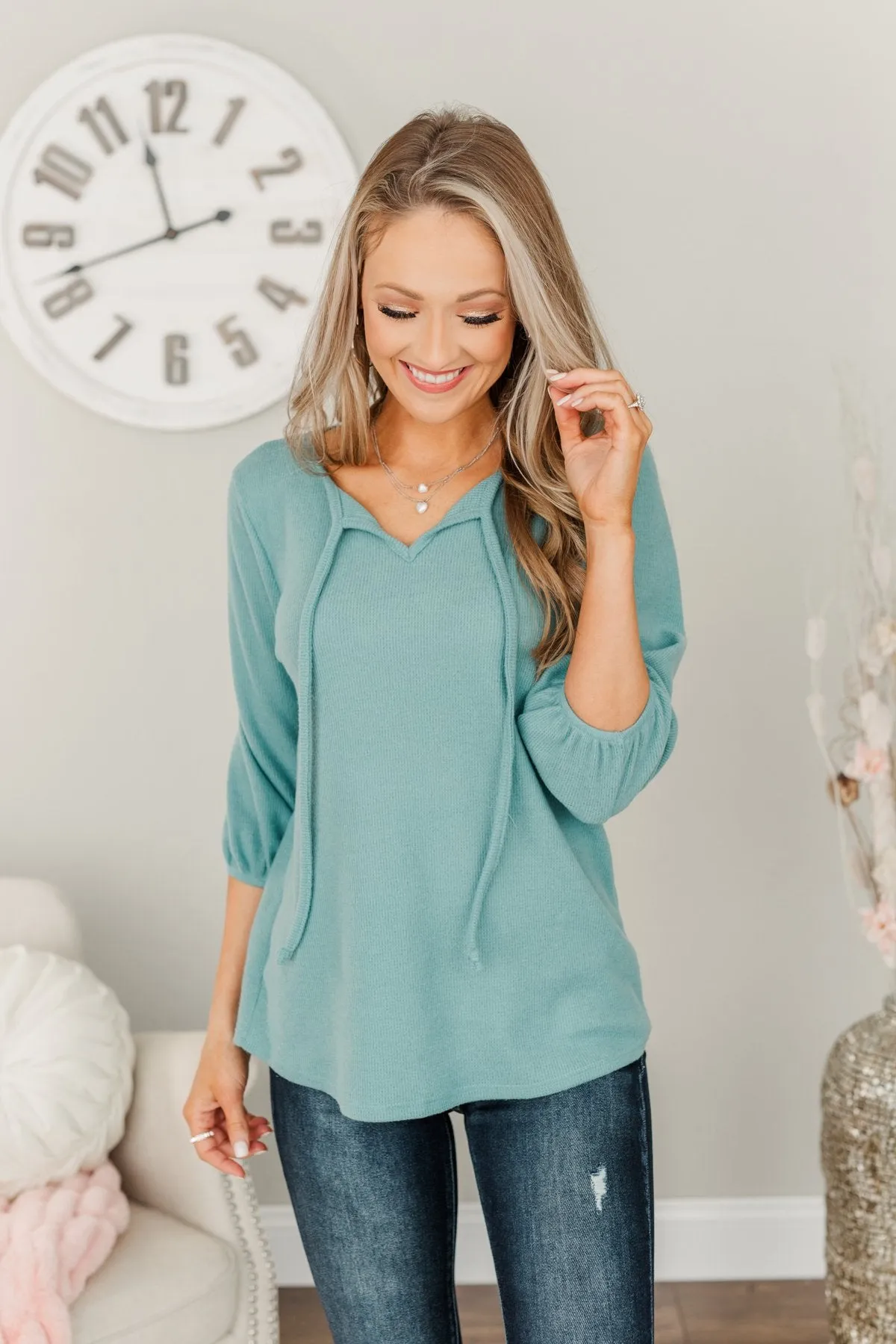 Reaching For Love Thermal Knit Top- Teal