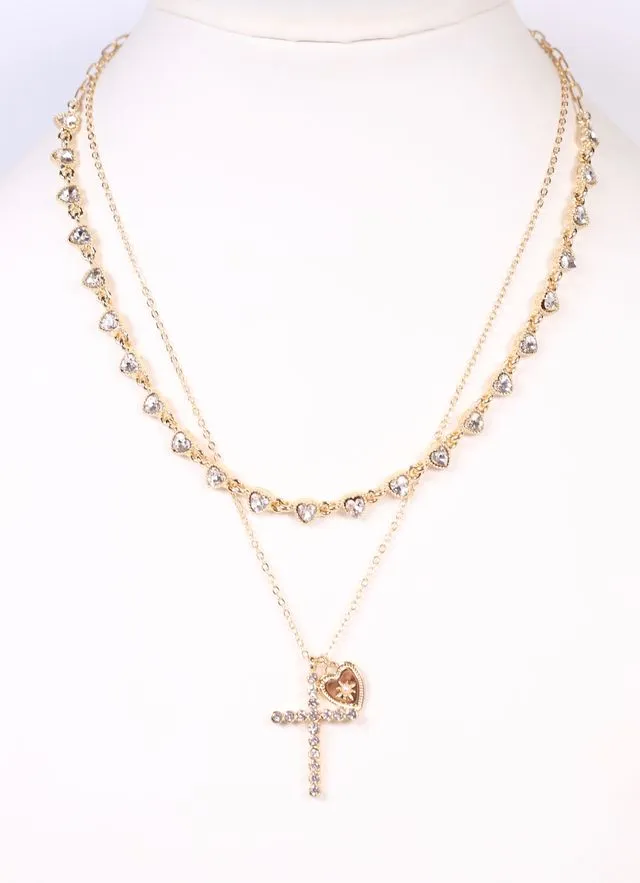 Sharon CZ Cross Layered Necklace GOLD