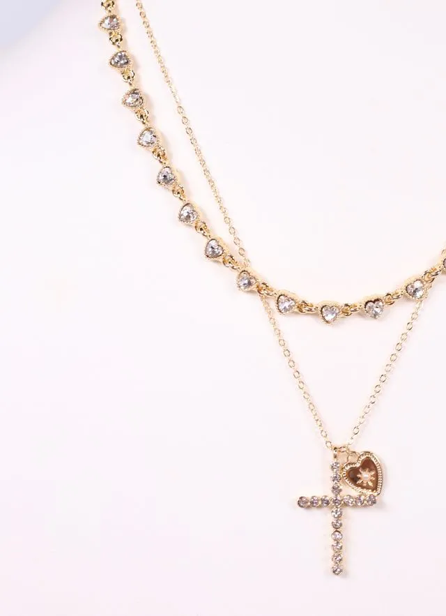 Sharon CZ Cross Layered Necklace GOLD