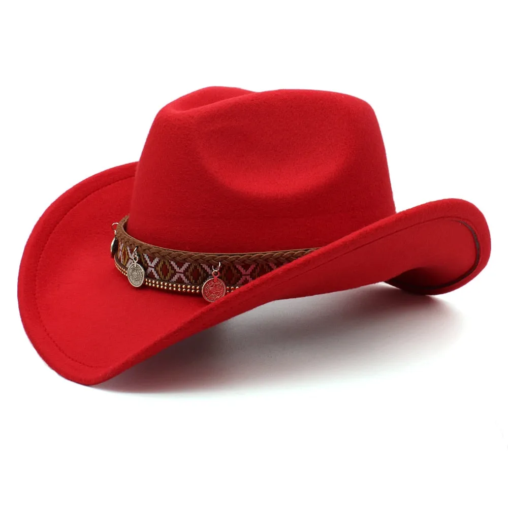 Unisex Retro Totems Pattern Leather Band Wide Brim Cowboy Hat