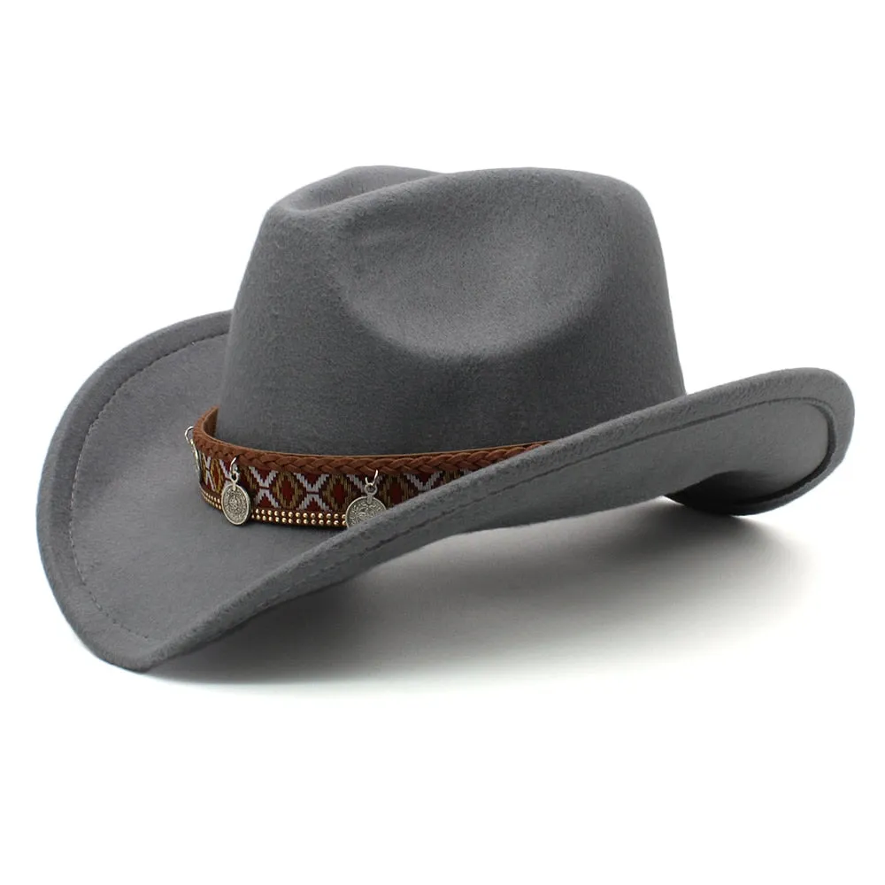 Unisex Retro Totems Pattern Leather Band Wide Brim Cowboy Hat