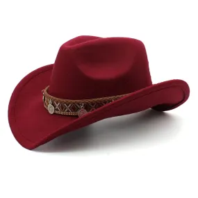 Unisex Retro Totems Pattern Leather Band Wide Brim Cowboy Hat