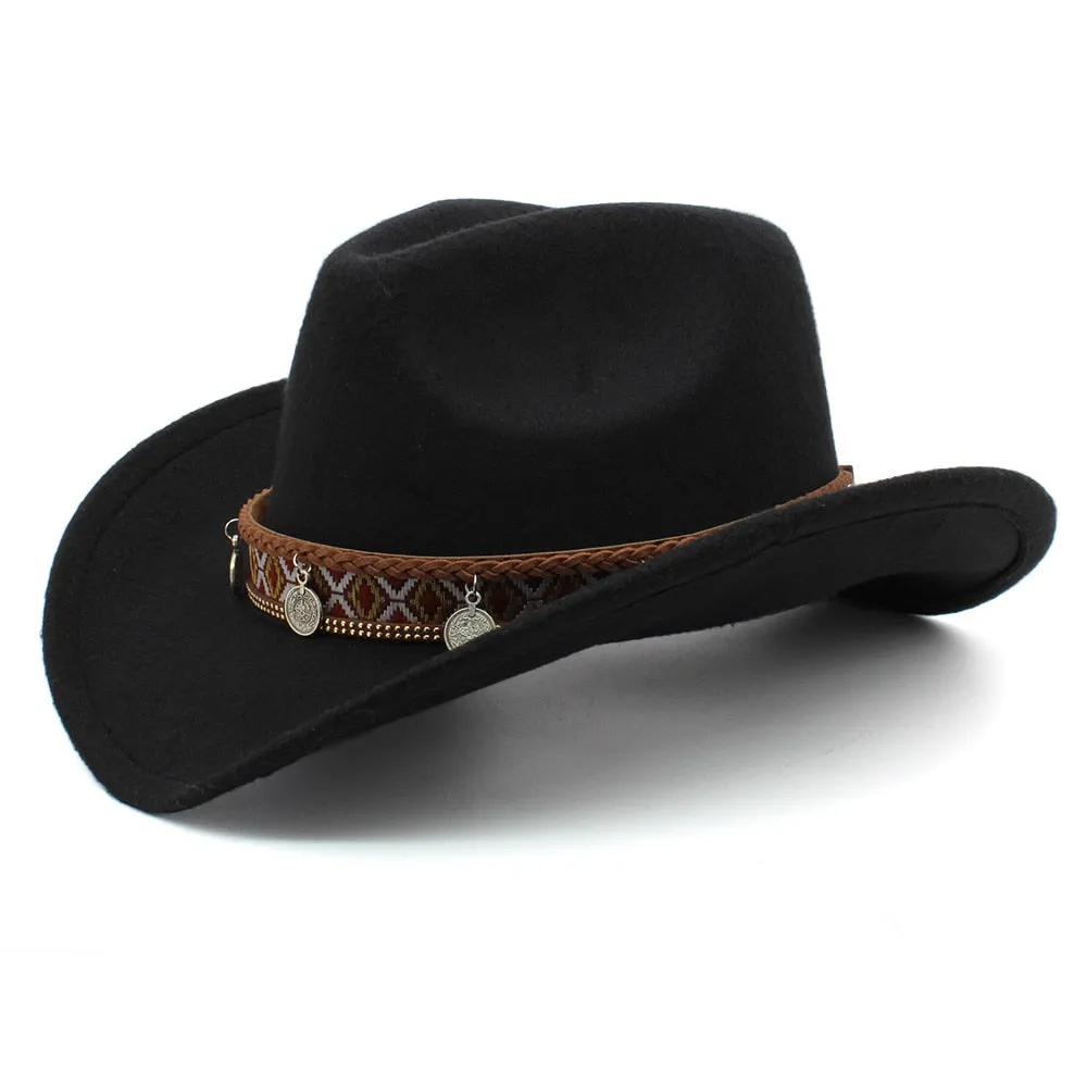 Unisex Retro Totems Pattern Leather Band Wide Brim Cowboy Hat