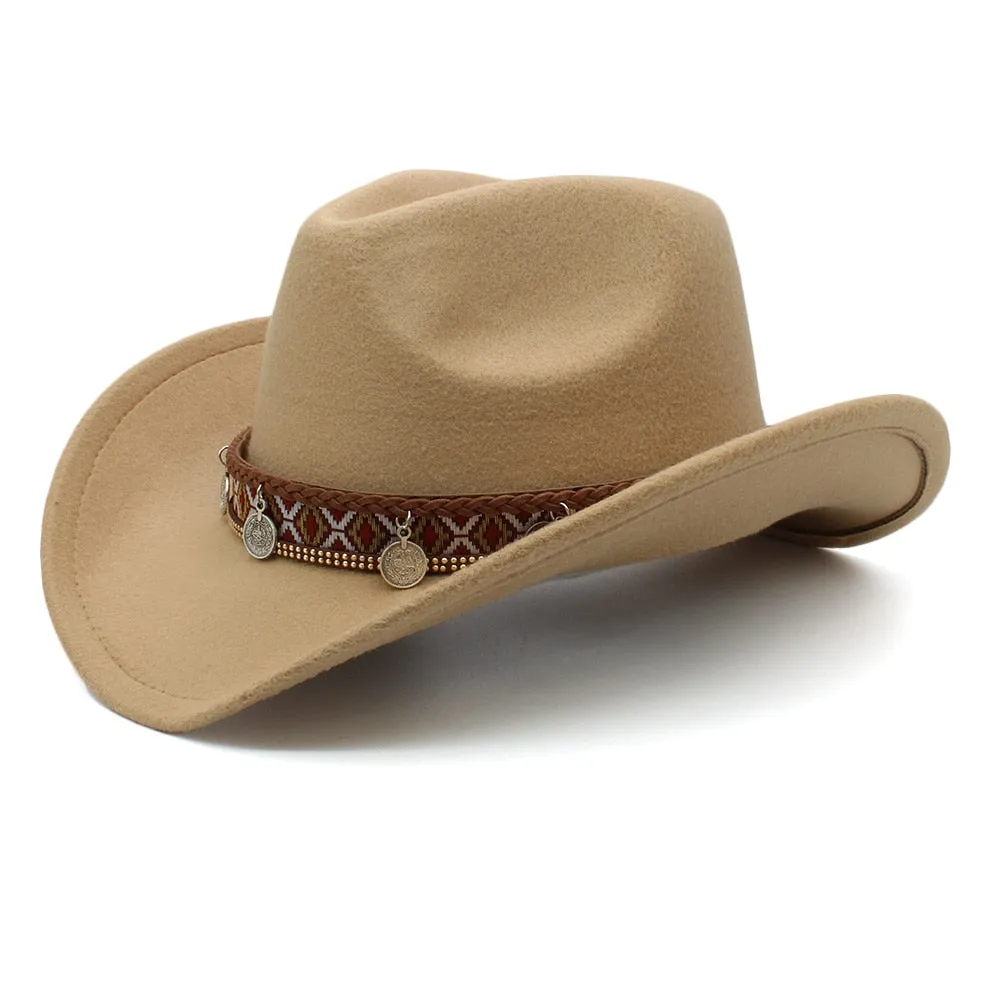 Unisex Retro Totems Pattern Leather Band Wide Brim Cowboy Hat