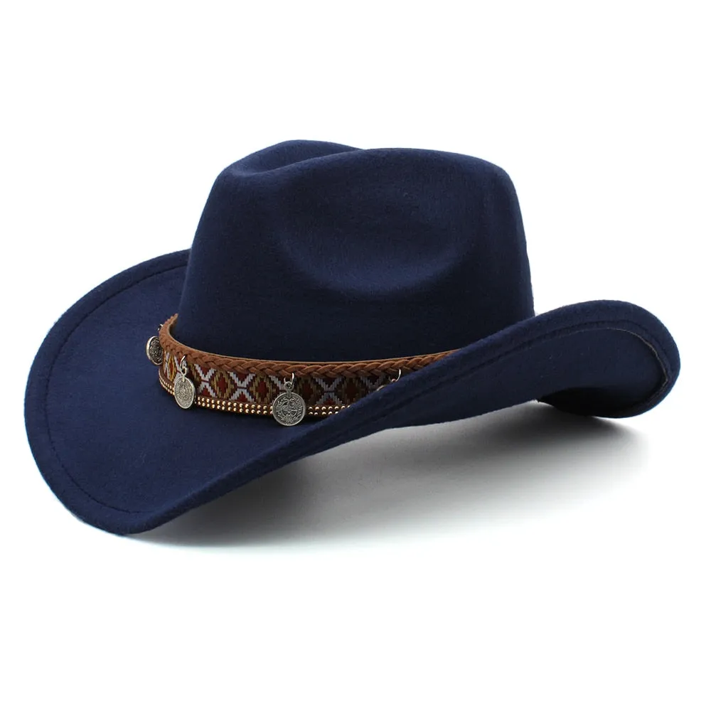 Unisex Retro Totems Pattern Leather Band Wide Brim Cowboy Hat