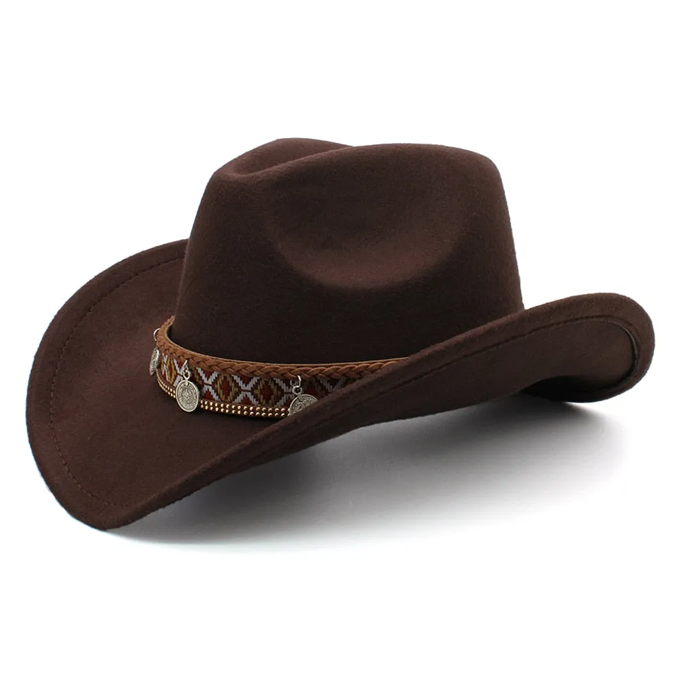 Unisex Retro Totems Pattern Leather Band Wide Brim Cowboy Hat