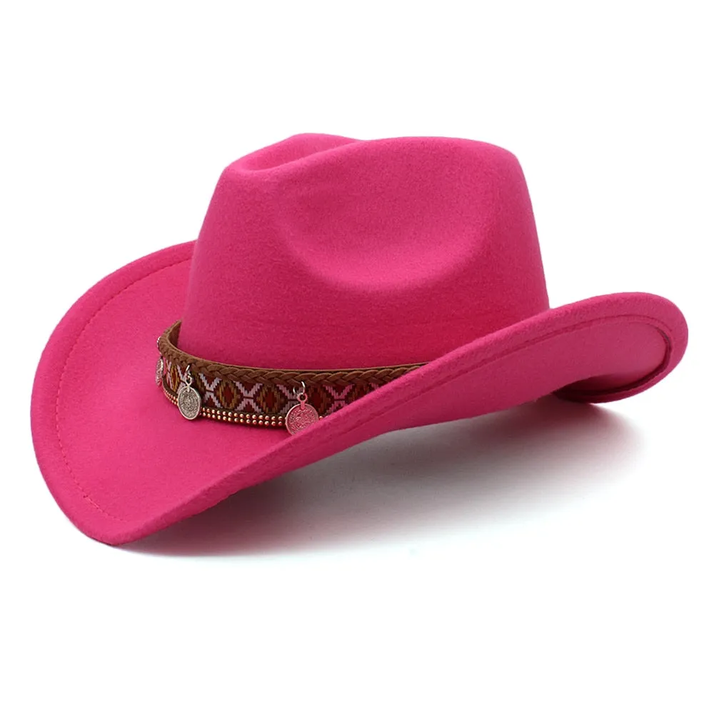 Unisex Retro Totems Pattern Leather Band Wide Brim Cowboy Hat