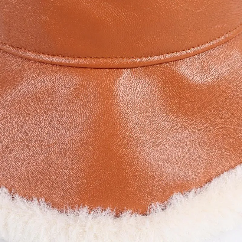 Women's Casual Winter Synthetic Leather Synthetic Fur Flat Top Bucket Hat