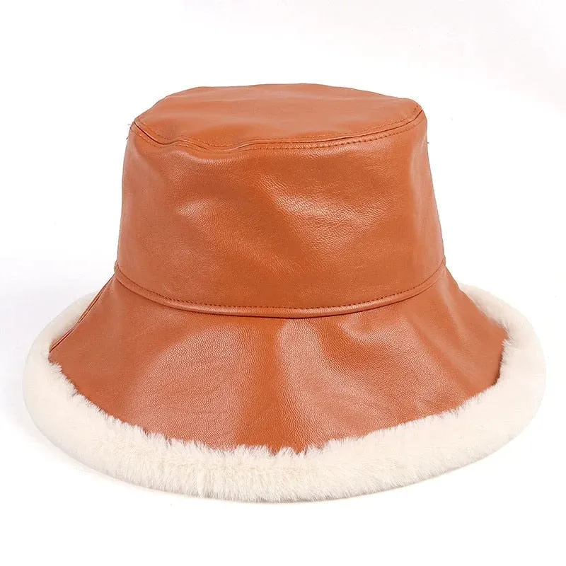 Women's Casual Winter Synthetic Leather Synthetic Fur Flat Top Bucket Hat