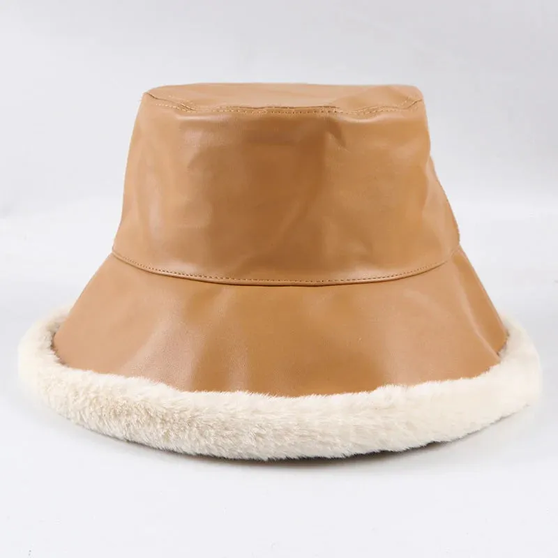 Women's Casual Winter Synthetic Leather Synthetic Fur Flat Top Bucket Hat