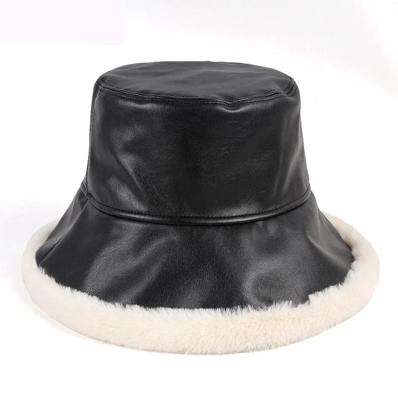 Women's Casual Winter Synthetic Leather Synthetic Fur Flat Top Bucket Hat