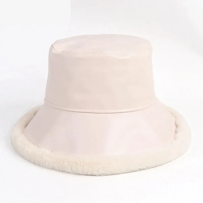 Women's Casual Winter Synthetic Leather Synthetic Fur Flat Top Bucket Hat