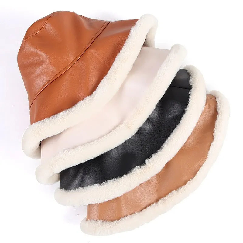 Women's Casual Winter Synthetic Leather Synthetic Fur Flat Top Bucket Hat